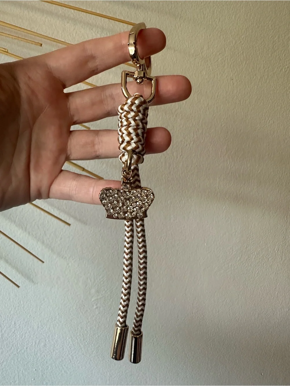 Juicy Couture Bag Charm Keychain w/ Rhinestone Crown & Braided Tan Tassel NWOT